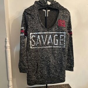 NYC Pullover Hoodie V-Neck Long Sleeve Savage 91 Graphic Black Gray Womens